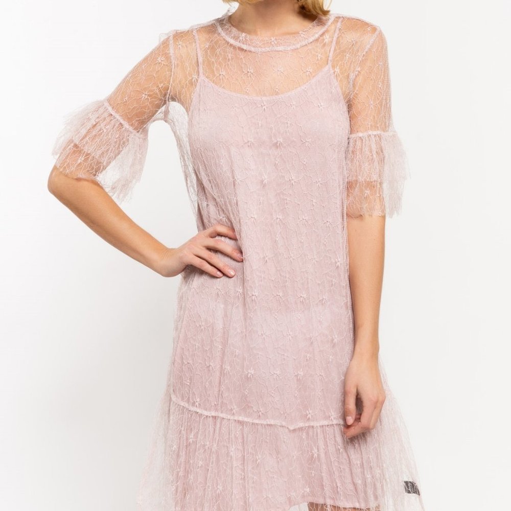 NWT POL Pretty in Pink Lace Lined Dress Large - Picture 2 of 6
